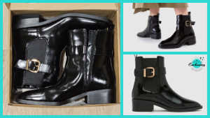 A three-panel collage of Schuh Cadie Buckle Chelsea Boots in black. The large left panel shows the shiny patent leather boots tucked inside their cardboard shoebox. The top-right panel shows the boots being worn, highlighting the gold buckle detail and ankle height. The bottom-right panel provides a profile view of a single boot, showcasing the pointed toe, block heel, and elasticated side panel with a decorative wrap-around buckle strap.