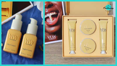 A two-panel collage showcasing yellow-branded skincare products from YLW by Kim Denzler. The left panel shows two pump bottles labeled "Day Cream" and "Night Cream" on a blue textured surface. The right panel displays a yellow gift box containing two squeeze tubes and two small round tins, positioned next to a promotional card featuring a close-up of a person with a supplement capsule on their tongue.