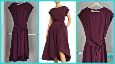 A three-panel collage of the Hobbs Agnes Satin Dress in a rich wine color. The left and right panels show the dress hanging on a wooden hanger against a neutral wall, highlighting its cap sleeves, cinched waist with a self-tie belt, and flowy midi skirt. The center panel shows a model wearing the dress, demonstrating its elegant drape and asymmetric hemline.