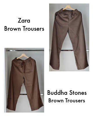 A two-panel comparison of brown trousers. The top panel displays the "Zara Brown Trousers," which are a dark mocha color with an elasticated waistband and drawstring. The bottom panel shows the "Buddha Stones Brown Trousers," featuring a similar wide-leg cut in a warmer, chocolate brown shade. Both pairs are shown hanging on wooden hangers against a neutral background.