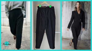 A three-panel collage showcasing Zara high-waist cropped trousers in black. The left panel shows a person wearing the trousers paired with a gray hoodie. The center panel displays the trousers hanging on a wooden hanger with green clips, highlighting their tapered leg and structured waist. The right panel shows a model wearing the trousers as part of a matching suit set with a cropped blazer.