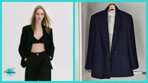 A two-panel collage of a Zara oversized double-breasted black blazer. The left panel shows a model wearing the blazer over a black bralette and matching high-waisted trousers. The right panel features the blazer hanging on a wooden hanger, highlighting its structured lapels, front pockets, and light-colored interior lining.