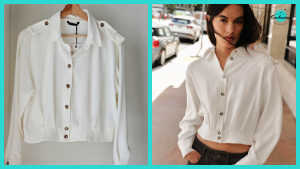 A two-panel collage showcasing a white Zara shirt with shoulder tabs. The left panel shows the shirt hanging on a wooden hanger, highlighting its button-down front with gold-toned buttons, pointed collar, and military-style epaulettes on the shoulders. The right panel features a person wearing the shirt tucked into black trousers, demonstrating its slightly cropped length and relaxed, long-sleeved fit.