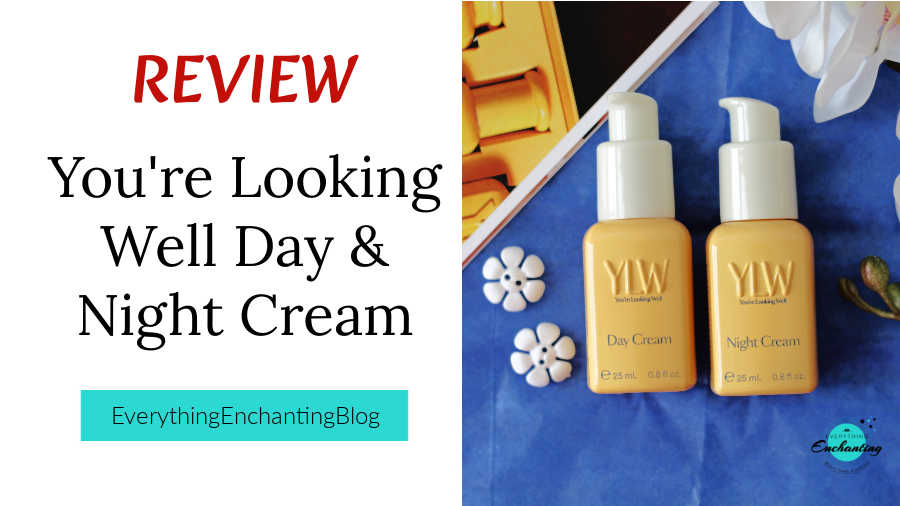 Featured blog image for a review of the YLW (You're Looking Well) vegan skincare duo, showcasing the signature buttery-yellow Day and Night Cream bottles against a deep blue background with floral accents, titled 'Review: You're Looking Well Day & Night Cream, published on Everything Enchanting blog.
