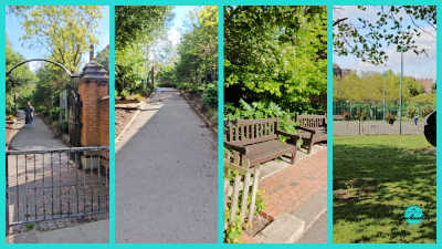 The entrance to Holland Park featuring a prominent "Holland Park" sign mounted on brick pillars, displaying park rules and regulations, with lush trees and a paved walkway leading into the park grounds.