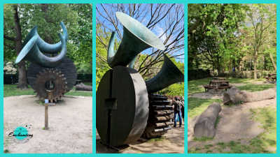 A three-panel collage featuring the "Annunciation" sculpture in Holland Park, London. The left and center panels display different angles of the large bronze sculpture, which consists of horn-shaped elements mounted on a central gear-like base. The right panel shows a nearby woodland picnic area featuring rustic wooden benches and logs set on a sandy clearing.
