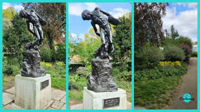 A three-panel collage featuring the "Boy with a Bear Cub" sculpture in Holland Park. The left and center panels show the bronze statue of a boy standing on a pedestal with a small bear at his feet, viewed from different angles. The right panel displays a peaceful park scene with a paved path winding through lush greenery and trees.