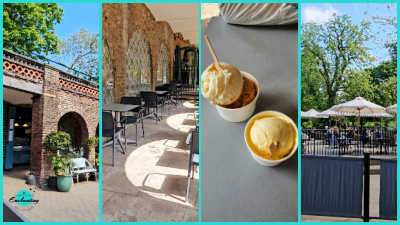 A three-panel collage showcasing the Holland House ruins in Holland Park, London. The left panel displays an outdoor café seating area on a terrace adjacent to the historic brick structure. The center and right panels highlight the distinct arched architecture of the ruins set against a backdrop of mature trees.
