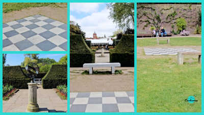 A two-panel collage featuring an outdoor giant chess set in Holland Park. The left panel shows a close-up of oversized chess pieces, including knights and pawns, on a paved checkered board. The right panel captures the wider chess play area, surrounded by a low metal fence and park greenery.