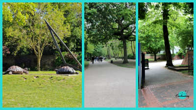 A three-panel collage featuring scenes from Holland Park, London. The left panel shows two bronze tortoise sculptures resting on a grassy lawn. The center panel displays a wide, paved walking path lined with mature trees. The right panel captures a park entrance area with paved ground, greenery, and fencing.