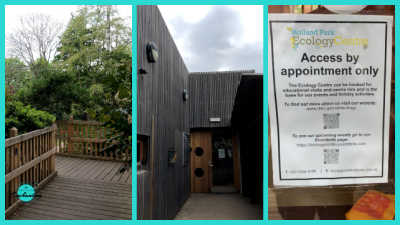 A four-panel collage featuring various sights in Holland Park, London. The panels display the wooden exterior of the Holland Park Ecology Centre with a chalkboard.