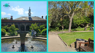 A two-panel collage showcasing scenes in Holland Park, London. The left panel features a fountain in the foreground with the historic Holland House ruins and its clock tower visible in the background. The right panel captures a peaceful park view with a walking path, a large mature tree, a wooden bench, and a trash bin.