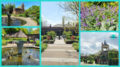 A five-panel collage featuring the Iris Garden and Holland House ruins in Holland Park, London. The panels display a circular fountain with the historic ruins in the background, a close-up of vibrant purple iris flowers, a paved pathway leading towards the ruins, and distinct views of the brick architecture and clock tower of the Holland House.