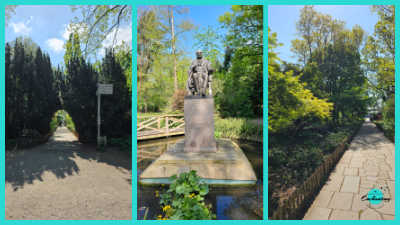 A three-panel collage showcasing the Lord Holland sculpture in Holland Park, London. The left and center panels display the bronze seated statue of Lord Holland on a stone plinth from different angles. The right panel features a peaceful garden path lined with vibrant spring flowers, including tulips.