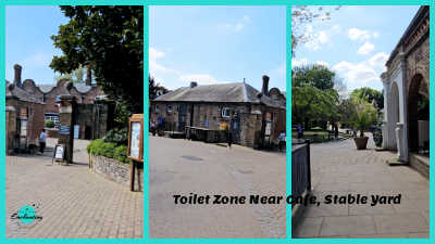 A three-panel collage featuring park facilities in Holland Park, London. The left panel shows the entrance to the public toilets with clear signage on a brick wall. The center and right panels display the historic brick architecture of the Stable Yard building, including its gateway and entrance.