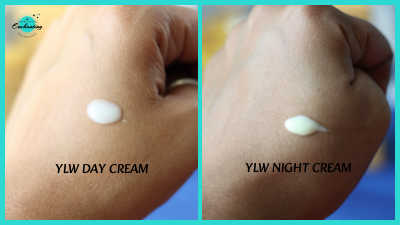 Side-by-side texture comparison of YLW (You're Looking Well) moisturizers on the skin. The left panel shows the lightweight, milky white Day Cream, while the right panel displays the richer, ivory-toned Night Cream for restorative hydration.