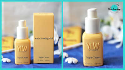 Split-screen close-up of the YLW (You're Looking Well) Night Cream packaging. The left side displays the minimalist buttery-yellow rectangular box and matching bottle, while the right side provides a close-up view of the bottle's embossed YLW logo and white pump, styled against a deep blue background with white floral accents.