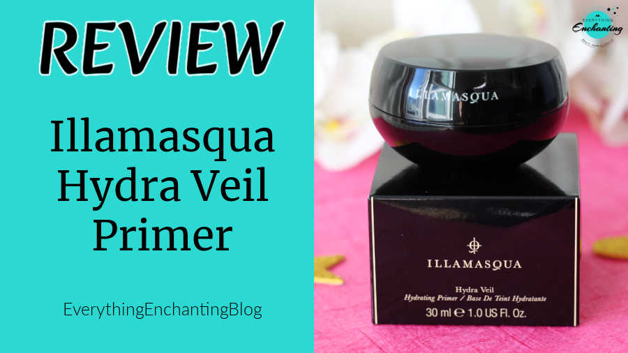 A two-panel beauty blog banner graphic. The left side features a vibrant teal background with bold text that reads "REVIEW Illamasqua Hydra Veil Primer" and the watermark "EverythingEnchantingBlog" at the bottom. The right side shows a product photograph of the glossy black, spherical Illamasqua Hydra Veil primer jar balanced on top of its black outer cardboard box, set against a bright pink textured backdrop with blurred white orchid flowers in the background.