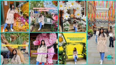 A multi-panel collage of eight photographs featuring a woman posing at various floral installations in Chelsea, London. In the panels, she is seen standing or sitting in a beige trench coat and jeans against backdrops including a floral swing, a large floral sculpture, a giant teddy bear, a street decorated with colorful hanging ribbons, and other elaborate flower-themed displays. The images capture a variety of vibrant, colorful, and creative outdoor art pieces typical of the Chelsea in Bloom festival.