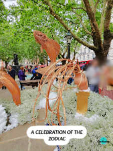 A vertical photograph of an outdoor floral art installation titled "A Celebration of the Zodiac." The centerpiece is a sculpted brown structure resembling a fish, emerging from a base of dense, fluffy white flowers that mimic sea foam or clouds. Several brown, ribbon-like arcs loop around the installation, adding a sense of movement. In the blurred background, people are walking along a city street lined with trees, a street lamp, and glimpses of buildings under an overcast sky. White text at the bottom reads, "A CELEBRATION OF THE ZODIAC".