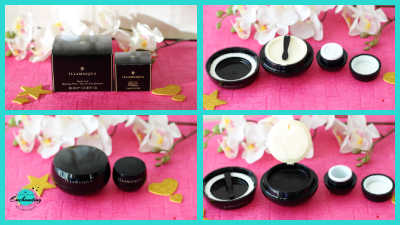 A four-image collage showcasing the packaging and interior of the Illamasqua Hydra Veil Hydrating Primer. The top-left panel shows the full-size and travel-size black outer boxes. The top-right panel displays the open jars with their white protective seals and a small black applicator spatula. The bottom-left panel shows the closed, glossy black spherical jars. The bottom-right panel features the larger jar open, revealing the clear, jelly-textured primer inside and the spatula stored in the lid. All images are set against a vibrant pink background with white orchid accents.