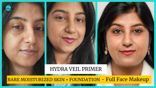A three-panel collage showcasing the performance of the Hydra Veil Primer. The left panel shows a person with bare moisturized skin. The center panel shows the same person with foundation applied. The right panel shows the final result with a full face of makeup. A text overlay across the bottom reads "BARE MOISTURIZED SKIN + FOUNDATION – Full Face Makeup," with the product name "HYDRA VEIL PRIMER" centered above it.
