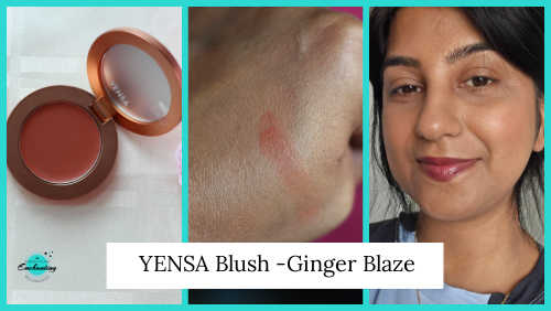 A three-panel collage featuring an opened YENSA cream blush compact in the shade Ginger Blaze on the left, a swatch of the blush on skin in the center, and a person wearing the blush on the right, with a caption at the bottom reading "YENSA Blush - Ginger Blaze".