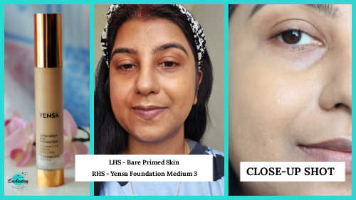 A three-panel collage featuring a bottle of Yensa Super Serum Silk Foundation on the left, a person with bare primed skin on the left side of their face and Yensa Foundation in Medium 3 on the right side of their face in the center, and a close-up shot of the foundation on skin on the right.