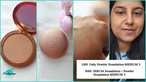 A four-panel collage featuring an open YENSA powder foundation compact, a closed compact with a geometric lid design, a swatch of the product on skin, and a person's face showing the result of wearing the powder foundation on the left and the combination of serum foundation and powder foundation in Medium 3 on the right.