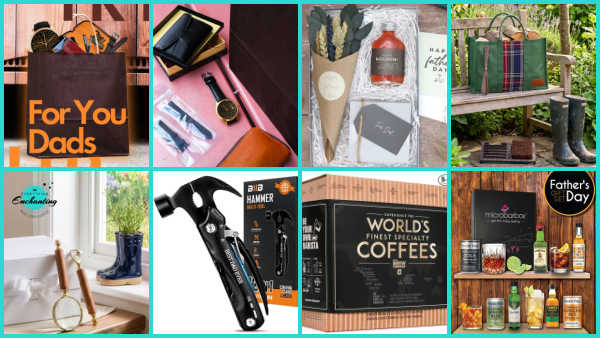 A grid collage of eight different Father's Day gift ideas. Top row: a gift bag reading "For You Dads", a flat lay of a wallet and watch, a curated gift box with a mini bottle and dried flowers, and a green tartan log carrier bag on a garden bench next to rain boots. Bottom row: a wooden magnifying glass and letter opener set by a window, a black multi-tool hammer gadget, a gourmet coffee gift box reading "World's Finest Specialty Coffees", and a home cocktail-making kit displayed on rustic wooden shelves with a "Father's Day" badge.