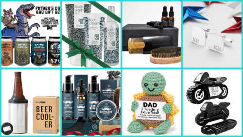 A grid collage of eight Father's Day gift ideas. Top row: a "Father's Day BBQ Gift Set" featuring illustrated seasoning cans, a tea tree oil body wash and foot care gift set with a green ribbon, a beard grooming kit with oils and brushes against a black box, and personalized silver cufflinks engraved with initials. Bottom row: a Huski Beer Cooler next to a brown glass bottle and its retail box, a comprehensive beard grooming set with shampoo and balm bottles, a handmade crochet sunflower turtle holding a "DAD I Turtle-y Love You!" card, and a motorcycle-shaped pocket tool kit.