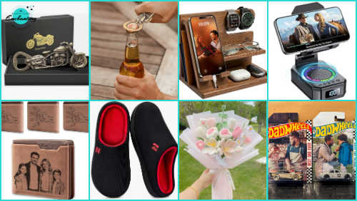 A grid collage of eight different Father's Day gift ideas. Top row: a heavy-duty vintage motorcycle bottle opener resting in front of its gift box, a hand using a matching motorcycle opener to uncork a glass beverage bottle, a wooden phone docking station organizing a smartphone, two watches, eyeglasses, and wireless earbuds, and an adjustable phone stand with a built-in Bluetooth speaker showing a video. Bottom row: custom engraved brown leather wallets featuring personalized family photos and fist designs, a pair of black slip-on memory foam slippers with a vibrant red lining, a beautiful hand-crocheted flower bouquet wrapped in white tissue paper outdoors, and two custom "DadWheels" packaged toy cars featuring photos of a father and child.