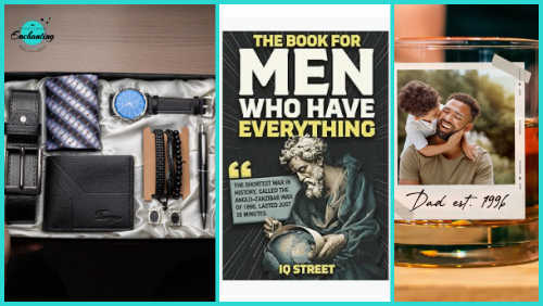 A three-panel image collage displaying Father's Day gifts. The left panel shows a luxury men's accessory gift set arranged inside a white satin-lined box, including a black leather belt, a patterned pocket square, a blue-faced watch with a black strap, a black bifold wallet, a stack of beaded bracelets, and a sleek pen. The middle panel shows the book cover of "The Book For Men Who Have Everything" by IQ Street, featuring an illustration of an ancient philosopher looking at a globe. The right panel displays a personalized whiskey glass featuring a printed photo of a father and child designed to look like a Polaroid picture taped to the glass with the text "Dad est. 1996" written underneath.