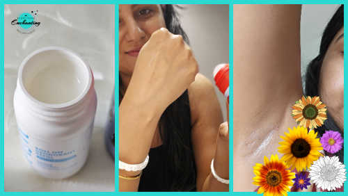 A three-panel collage with a bright teal border demonstrating the use of a roll-on deodorant. The left panel shows a close-up of an open, white Wild deodorant refill bottle revealing its translucent liquid contents. The center panel shows a woman testing the product on the back of her hand while holding the red roll-on applicator case. The right panel shows a close-up of the liquid product applied to an underarm, with the lower corner of the frame decorated with colorful digital sunflower and daisy stickers.