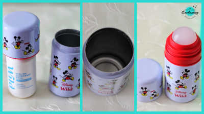 A three-panel collage with a bright teal border demonstrating how to use and assemble the refillable roll-on deodorant case. The left panel shows the white Wild refill bottle connected to the red applicator mechanism with its lilac Mickey Mouse cap on, next to the empty bottom outer case. The center panel provides a top-down close-up look inside the hollow, empty metallic outer case. The right panel displays the completely assembled case with the lilac cap removed, exposing the frosted roller ball nestled within the bright red neck piece.