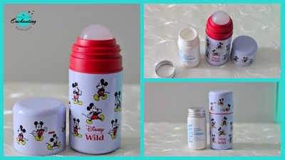 A multi-panel product photography collage with a bright teal border displaying the Wild x Disney refillable deodorant packaging. The large left panel shows the assembled lilac Mickey Mouse case with its cap off, exposing the large frosted roller ball and bright red neck. The top right panel captures the disassembled components from an overhead view, including the open white refill bottle, its detached silver metal cap, the open applicator case, and its matching lilac cap. The bottom right panel shows both items closed up and standing side-by-side: the sealed white refill bottle next to the fully capped Mickey Mouse container.