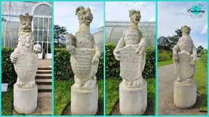 A four-panel vertical collage showing individual Portland stone statues of heraldic Queen's Beasts outside the Palm House at Kew Gardens. From left to right, each white carved stone statue—including a crowned lion, a dragon, a griffin, and a beast holding a shield—stands on a cylindrical plinth along the garden pathways in front of green hedges and glasshouse windows.