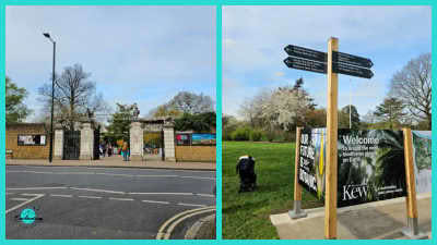 A two-panel image showing the street-level entrance gate of Kew Gardens from the road on the left, and a wooden directional signpost with a Kew welcome banner along a path inside the gardens on the right.
