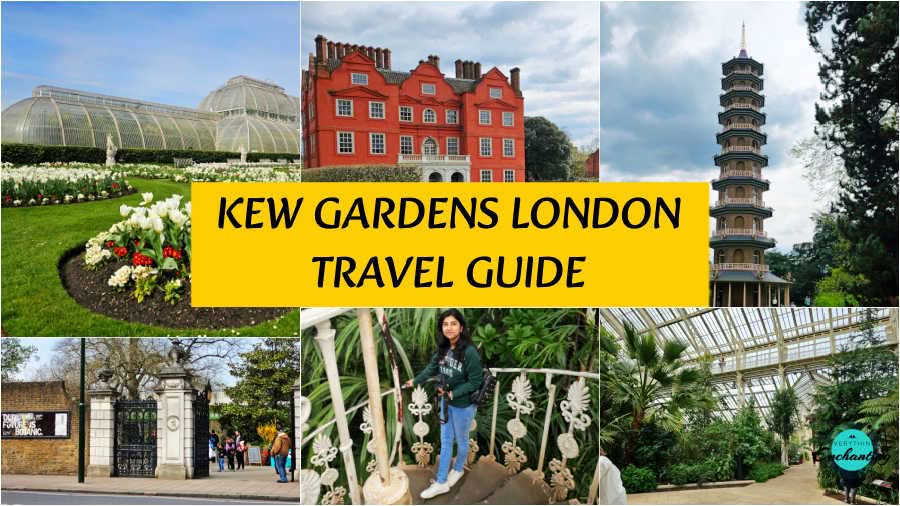 A collage of images from Kew Gardens, London, with a central yellow banner reading 