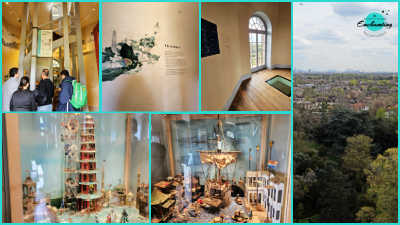 A photo collage showcasing interior exhibits and views inside the Great Pagoda at Kew Gardens. The top row shows visitors looking at informative wall displays, an exhibit room with wooden floors, an arched window, and a glass floor display panel, alongside a wide panoramic view over London from the top floor. The bottom row features detailed scale models inside glass display cases, including a miniature replica of the Great Pagoda undergoing historical construction and a detailed historic ship model.