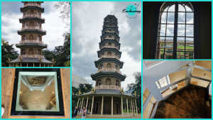 A photo collage showing the interior and exterior of the Great Pagoda at Kew Gardens. The central and top-left panels show full and cropped exterior views of the ten-story grey brick tower adorned with dragon eaves against a cloudy sky. The top-right panel shows a view through an arched window overlooking green garden lawns, while the bottom panels show a glass floor hatch display and the wooden spiral staircase leading up inside the pagoda tower.
