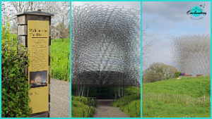 A three-panel photo collage capturing The Hive installation at Kew Gardens.
Left Panel: A tall wooden sign with a yellow board reading