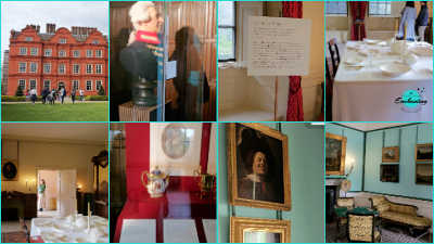 A eight-panel photo collage capturing Kew Palace and its internal exhibits. The top row features the iconic red-brick exterior of Kew Palace with visitors walking on the front lawn, a historical mannequin bust inside a glass display case, a handwritten document display board, and a set dining table inside a palace room. The bottom row showcases interior rooms with period furniture, glass cases containing royal artifacts like ornate porcelain teapots, framed historic oil portraits hanging on light teal walls, and an elegantly furnished sitting room with a chaise lounge and artwork.
