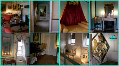 An eight-panel photo collage detailing historic rooms inside Kew Palace. The top row features a cozy sitting room with a tea set on a wooden table, interconnecting doorways leading through the palace suites, an elegant daybed with red and gold drapes, and a fireplace with an ornate gold mirror above it. The bottom row highlights a window alcove with draped curtains and warm lighting, a hallway decorated with historic portraits and white double doors, a sunlit room furnished with classic chairs, and a large diamond-shaped painting of the Royal Coat of Arms on display.
