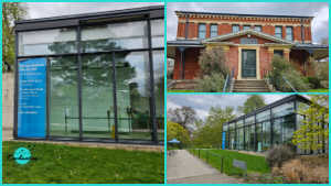 A photo collage showing external views of art galleries at Kew Gardens. The left and bottom-right panels feature the modern glass exterior of the Shirley Sherwood Gallery of Botanical Art with a large blue informational banner. The top-right panel displays the grand red-brick facade of the historic Marianne North Gallery, framed by stone steps and surrounding greenery.