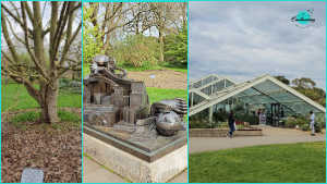 A three-panel photo collage showcasing the Princess Diana memorial tree area at Kew Gardens.
Left Panel: A close-up of a young tree trunk with branches branching upward, surrounded by fallen leaf mulch, and a small commemorative plaque at its base.
Center Panel: A dark bronze metallic sculpture mounted on a stone pedestal outdoors near lush green trees.
Right Panel: A wider perspective showing visitors walking outside the glass entrance structure of the Princess of Wales Conservatory.