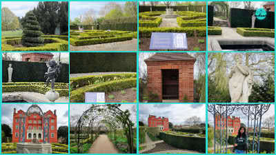 A twelve-panel photo collage capturing various features of the Queen's Garden behind Kew Palace.
Top Row: Symmetrically manicured boxwood hedges, cone-shaped topiary trees, an informational sign, and neatly paved pathways leading through formal parterres.
Middle Row: A bronze cherub statue atop a stone pedestal, close-up details of hedge borders, a small red-brick gazebo garden shelter, and a classical stone statue playing a flute.
Bottom Row: Broad views of the red-brick Kew Palace set behind a central stone fountain, a leafy metal trellis archway covering a gravel walk, and a visitor posing near an ornate wrought-iron gate framing the palace in the background.