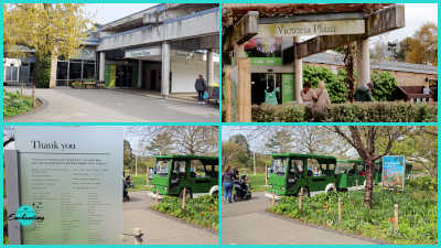 A four-panel grid collage showing visitor facilities at Kew Gardens. The top two panels show external views of the Victoria Plaza entrance and shop with a sign above reading