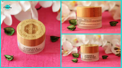 A 3-panel image collage displaying different angles of The Edinburgh Natural Skincare Co. Lavender & Frankincense body butter in a frosted glass jar with a wooden lid, set against a pink backdrop with white orchids. Photo featured on Everything Enchanting blog.