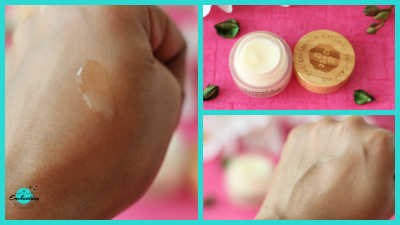 A 3-panel image collage demonstrating the texture and application of The Edinburgh Natural Skincare Co. body butter, showing a close-up dab on the back of a hand, an open jar beside its engraved wooden lid, and the product fully blended into the skin for a smooth, hydrated finish. Review photo featured on Everything Enchanting blog.